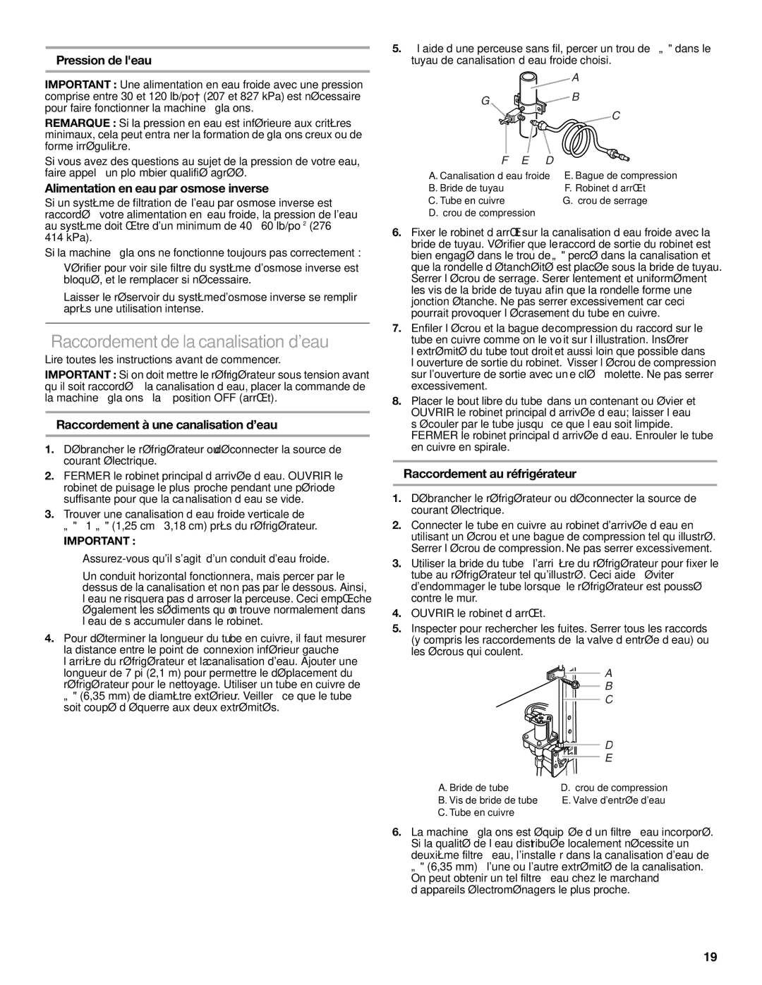 Whirlpool W10726840A Raccordement de la canalisation deau, Pression de leau, Alimentation en eau par osmose inverse 