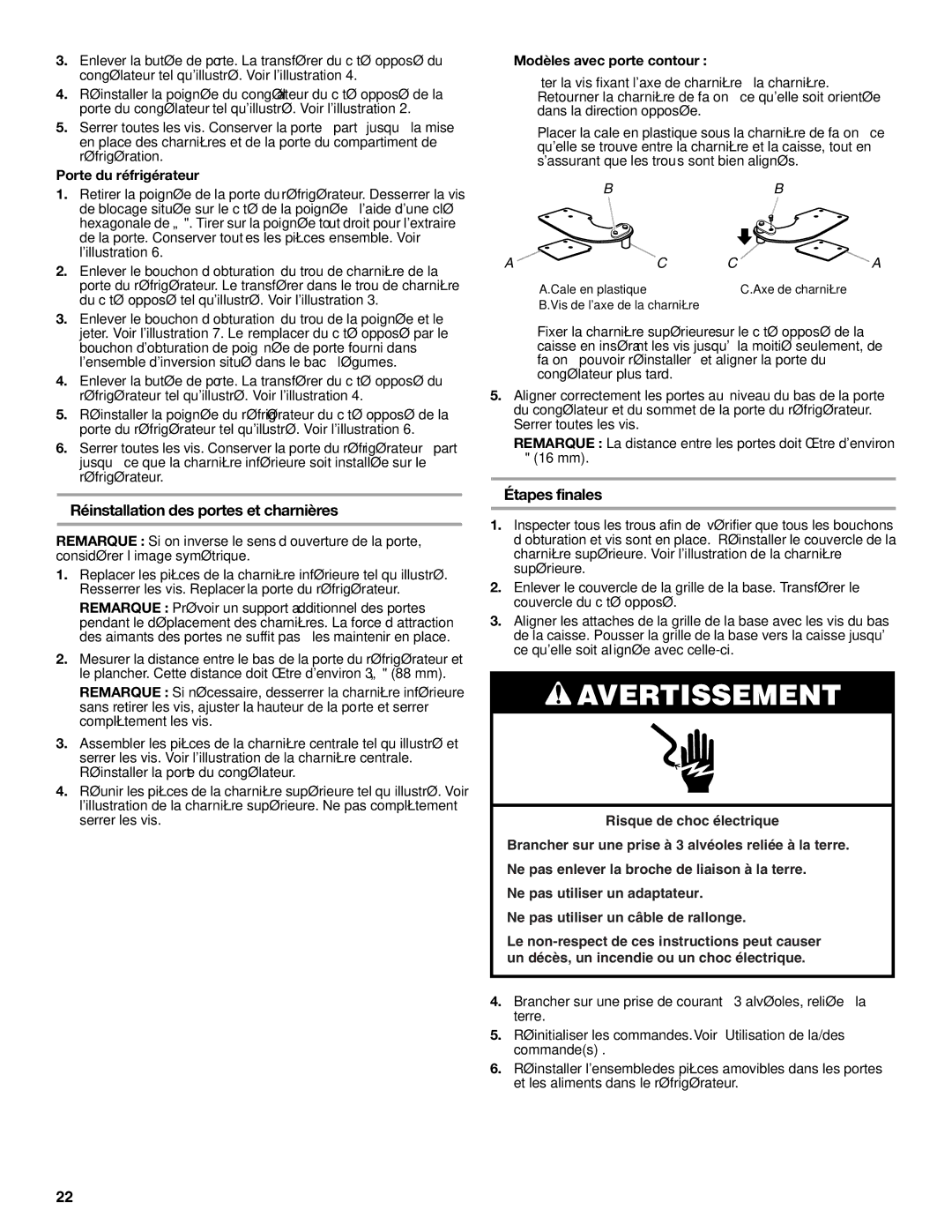 Whirlpool W10726840A Réinstallation des portes et charnières, Étapes finales, Modèles avec porte contour 