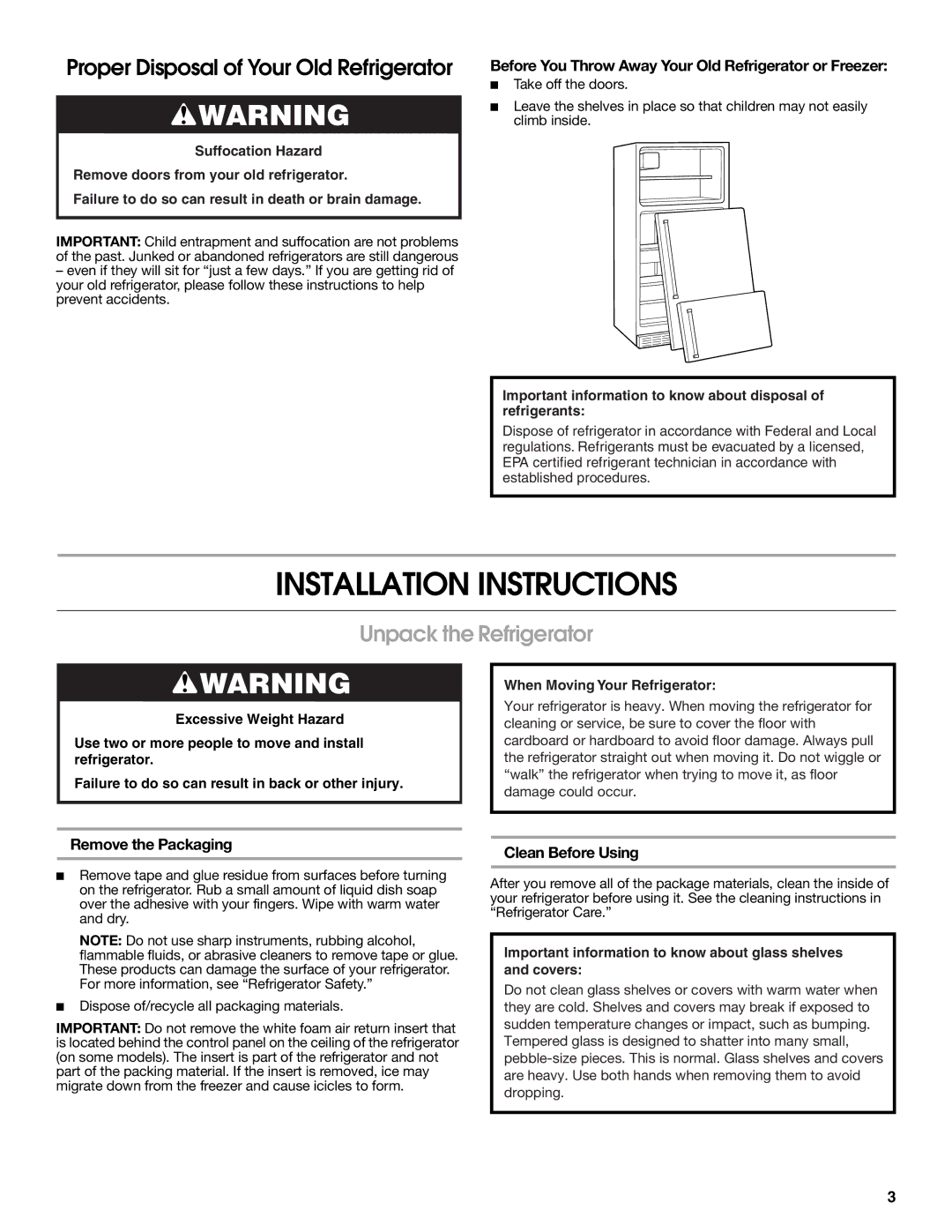 Whirlpool W10726840A Installation Instructions, Unpack the Refrigerator, Remove the Packaging, Clean Before Using 