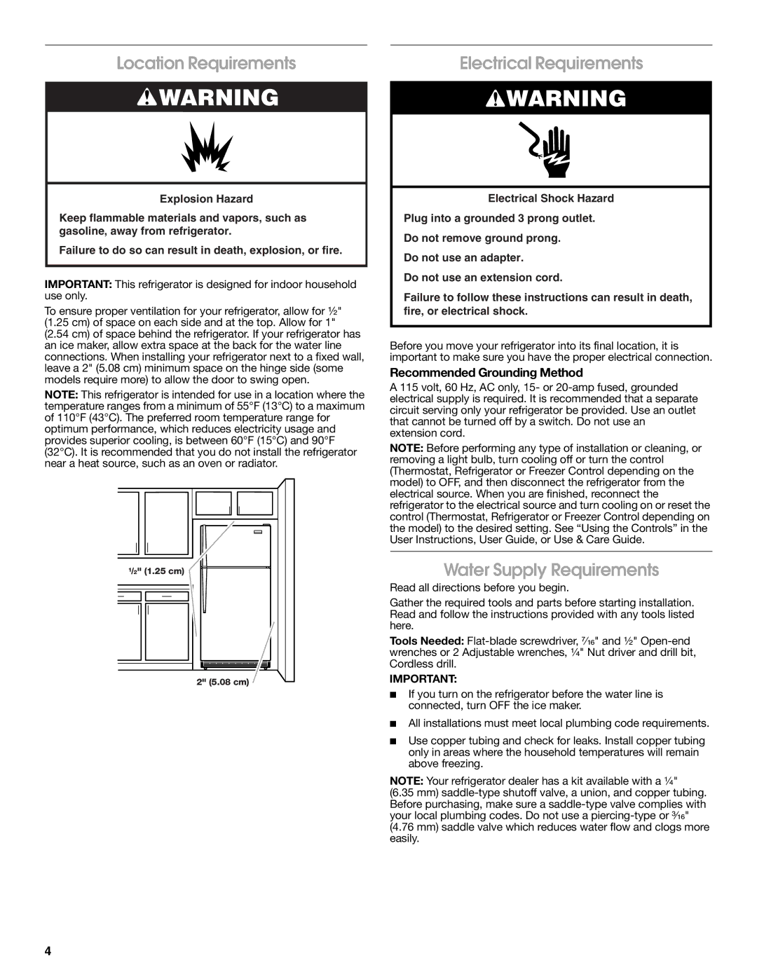 Whirlpool W10726840A installation instructions Location Requirements, Electrical Requirements, Water Supply Requirements 