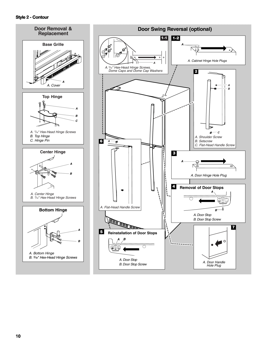 Whirlpool W10726840A Door Swing Reversal optional, Style 2 - Contour, Door Removal & Replacement, Bottom Hinge, A. Cover 