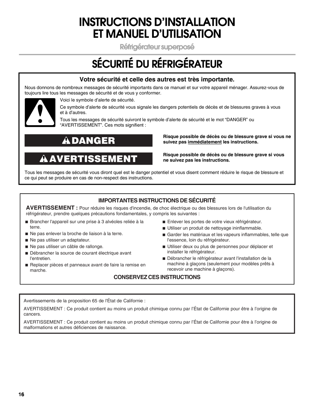 Whirlpool W10726840A Sécurité Du Réfrigérateur, Danger Avertissement, Importantes Instructions De Sécurité 