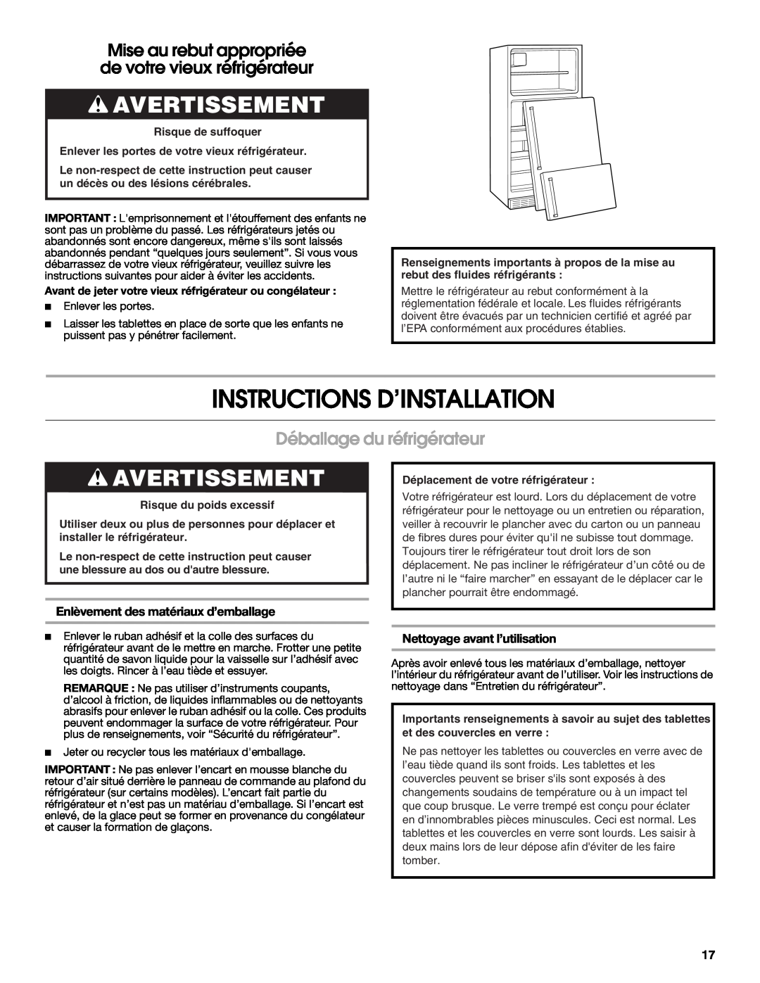 Whirlpool W10726840A Instructions D’Installation, Avertissement, Déballage du réfrigérateur, Nettoyage avant l’utilisation 