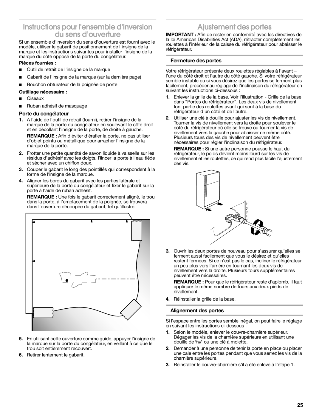 Whirlpool W10726840A Instructions pour lensemble d’inversion, du sens d’ouverture, Ajustement des portes, Pièces fournies 