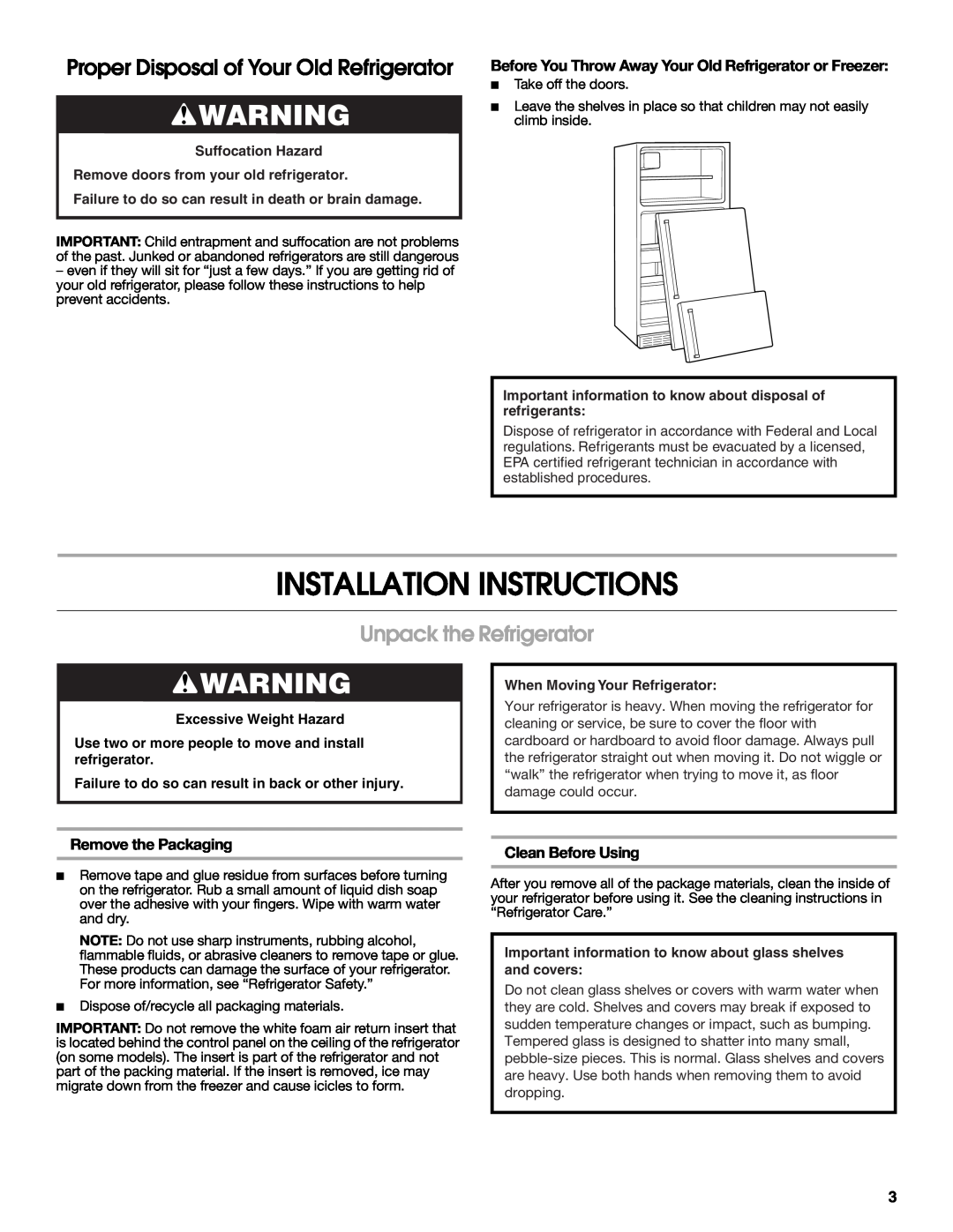 Whirlpool W10726840A Installation Instructions, Proper Disposal of Your Old Refrigerator, Unpack the Refrigerator 