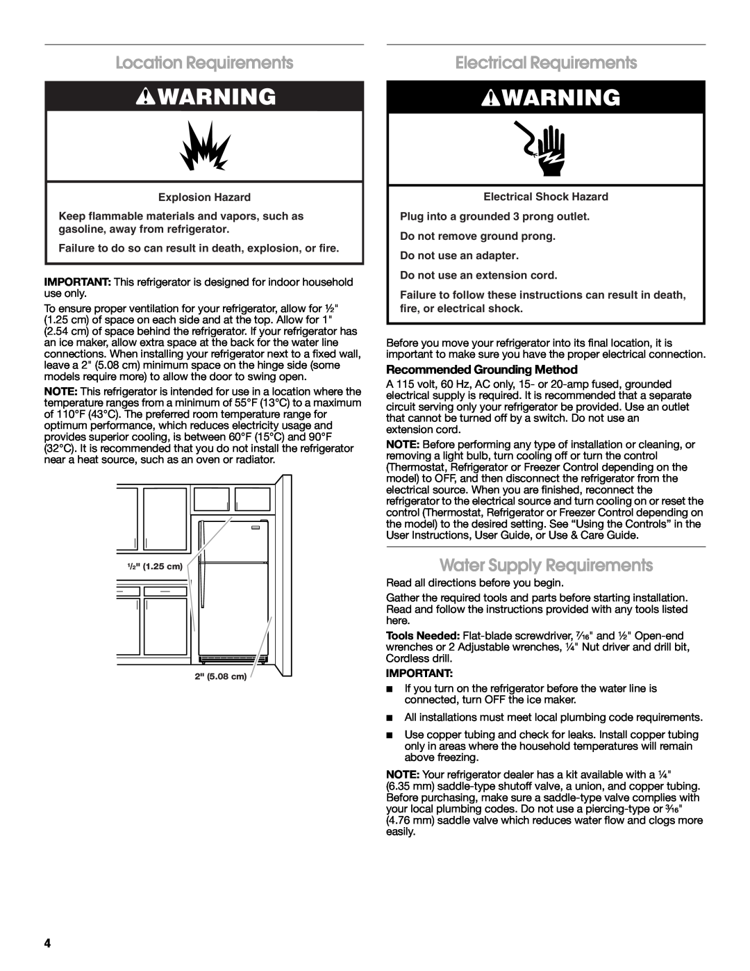 Whirlpool W10726840A installation instructions Location Requirements, Electrical Requirements, Water Supply Requirements 