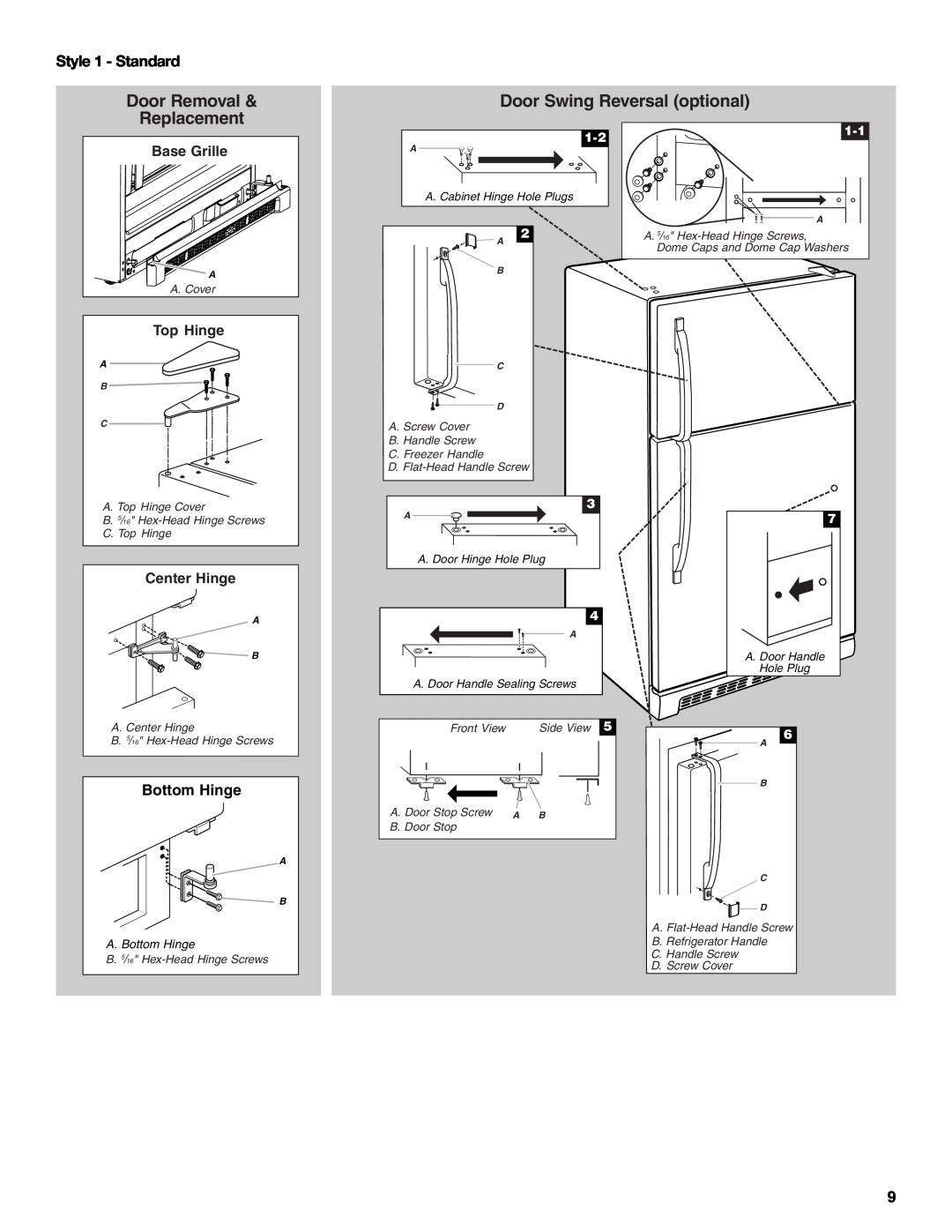 Whirlpool W10726840A Door Removal & Replacement, Door Swing Reversal optional, Style 1 - Standard, Bottom Hinge 