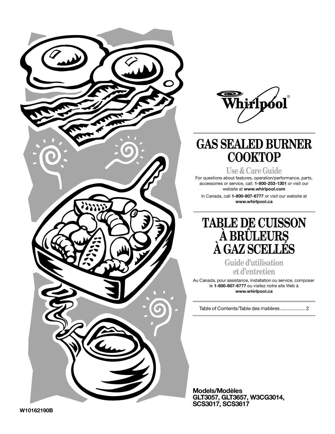 Whirlpool GLT3657RB manual Table DE Cuisson Brûleurs GAZ Scellés, W10162190B 