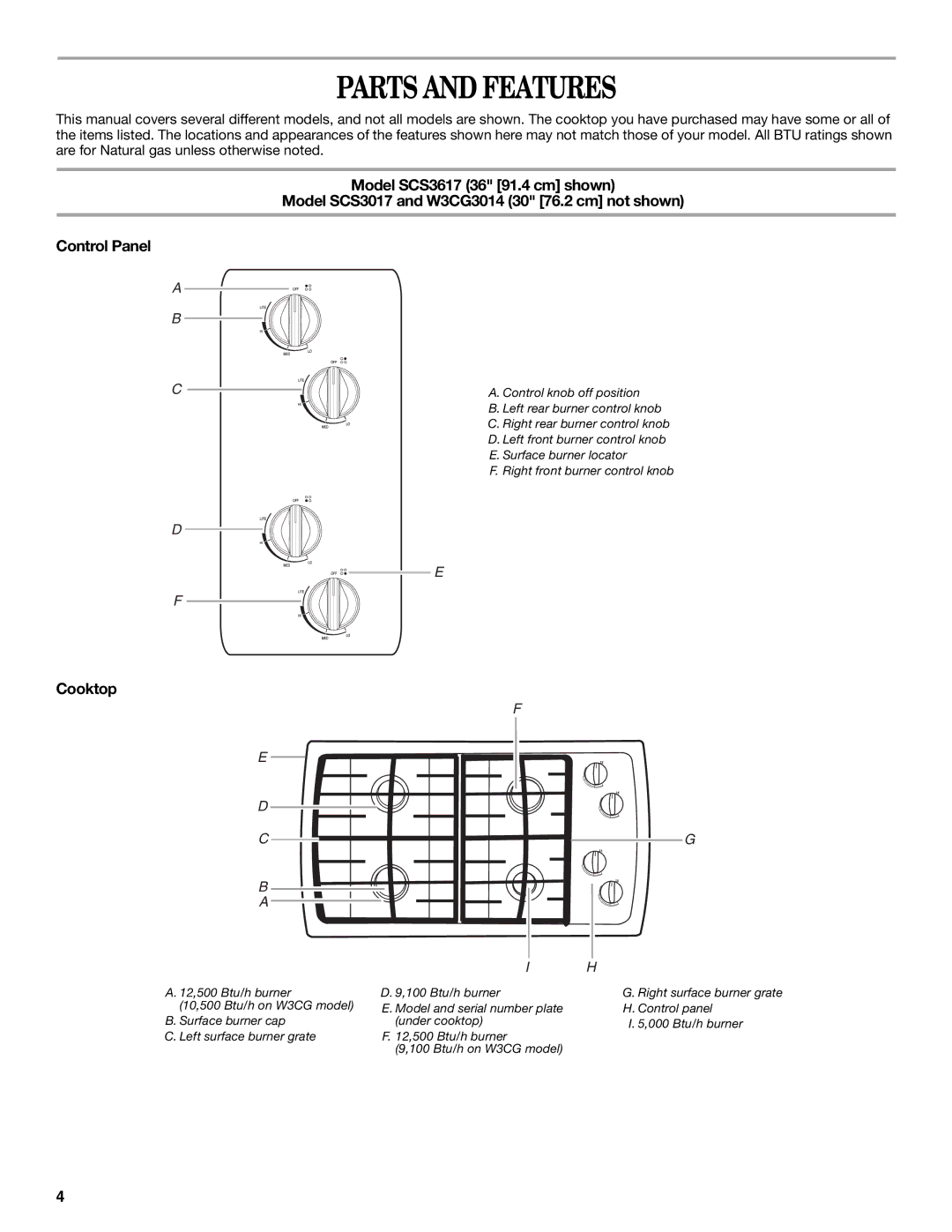 Whirlpool W3CG3014XB, GLT3657RB manual Parts and Features, Cooktop 