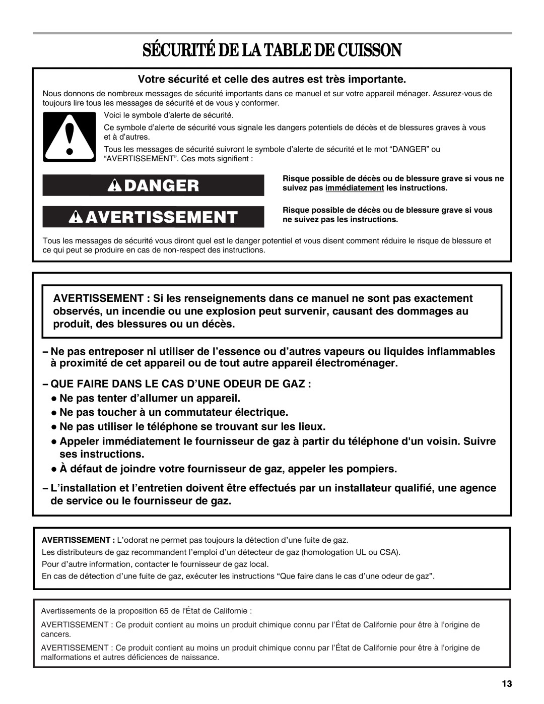 Whirlpool GLT3657RB, W3CG3014XB manual Sécurité De La Table De Cuisson, Danger Avertissement 