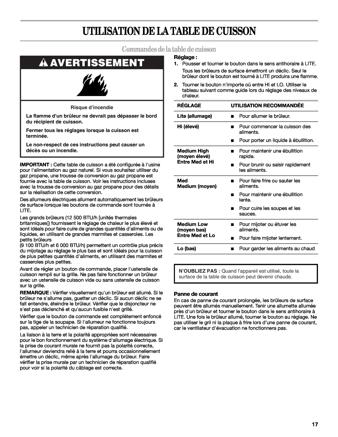 Whirlpool GLT3657RB manual Utilisation De La Table De Cuisson, Avertissement, Commandes de la table de cuisson, Réglage 