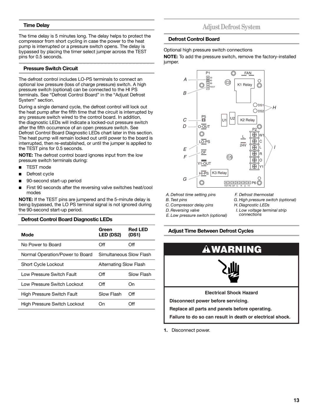 Whirlpool W4GH6 installation instructions Adjust Defrost System 