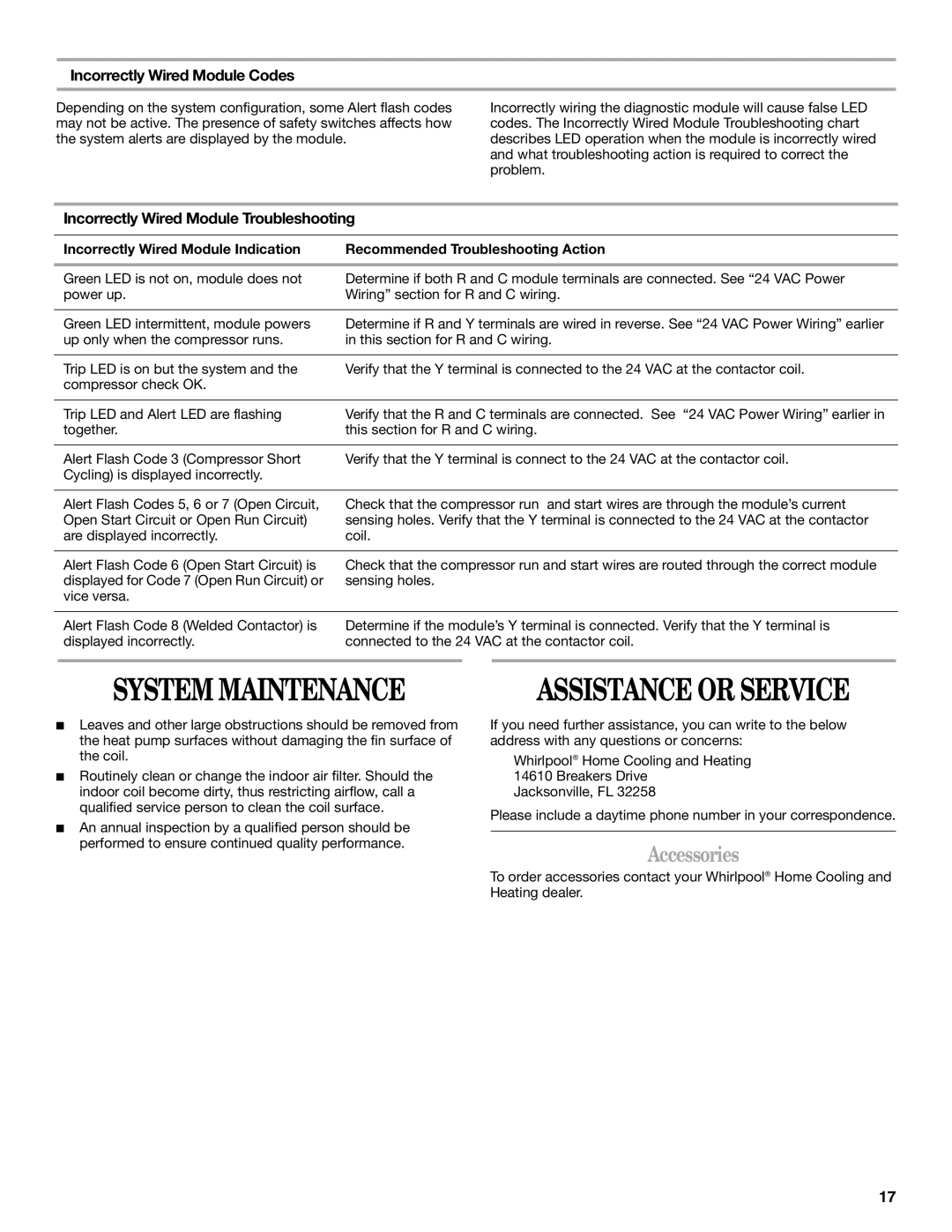 Whirlpool W4GH6 installation instructions Assistance or Service, Accessories, Incorrectly Wired Module Codes 