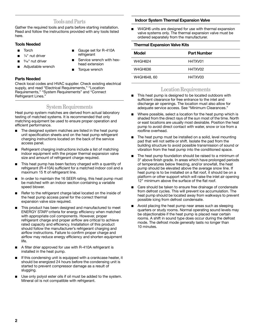 Whirlpool W4GH6 installation instructions Tools and Parts, System Requirements, Location Requirements 