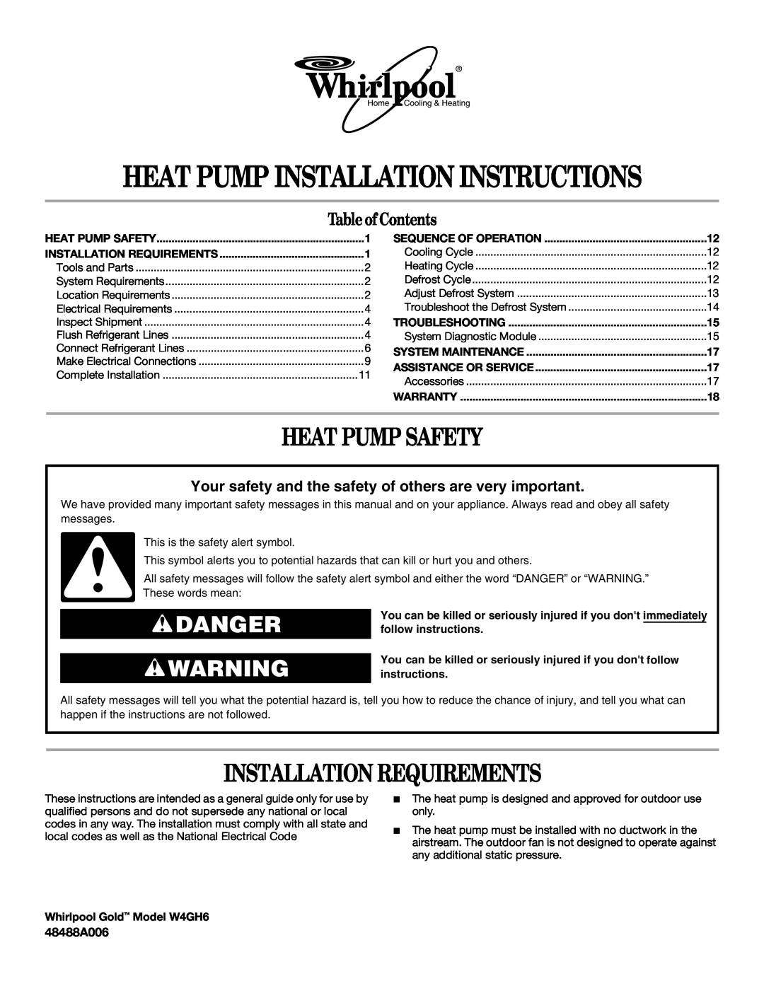 Whirlpool W4GH6 installation instructions Heat Pump Safety, Installation Requirements, 48488A006, Sequence Of Operation 