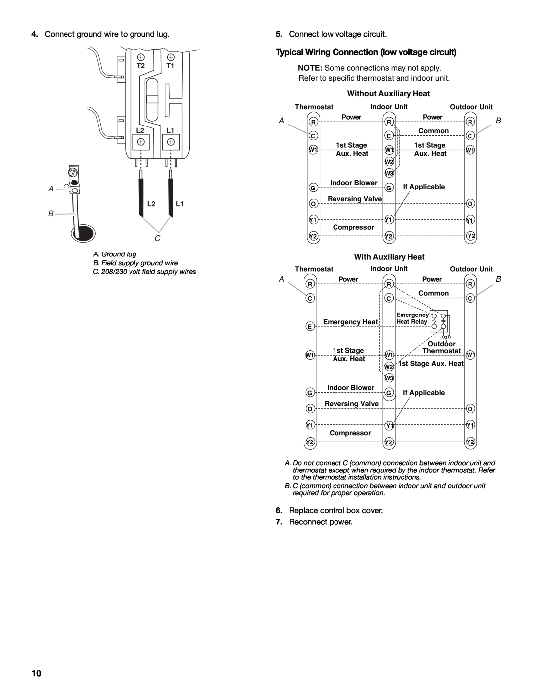 Whirlpool W4GH6 Typical Wiring Connection low voltage circuit, Without Auxiliary Heat, With Auxiliary Heat 