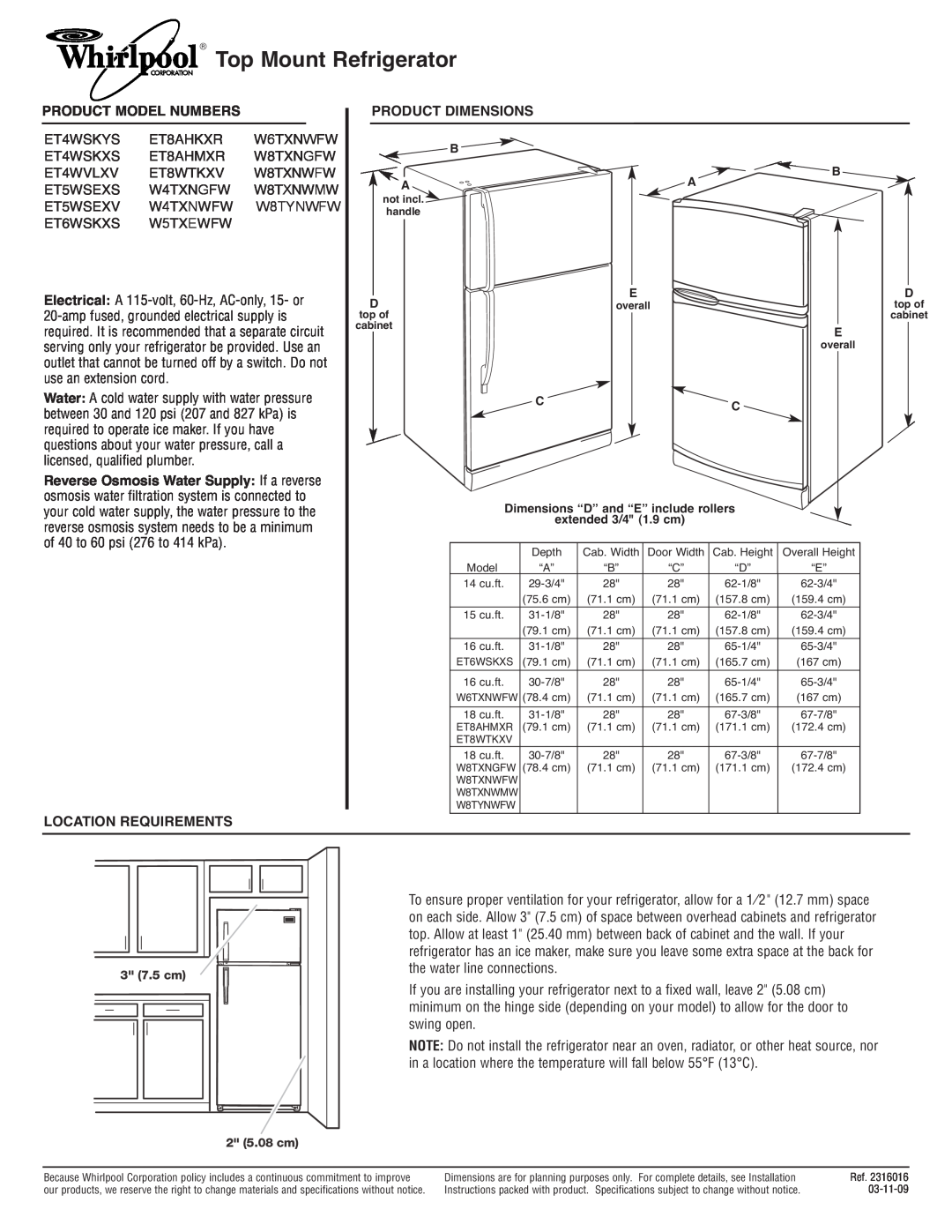 Whirlpool W4TXNGFW dimensions Top Mount Refrigerator, Product Model Numbers, Location Requirements, Product Dimensions 