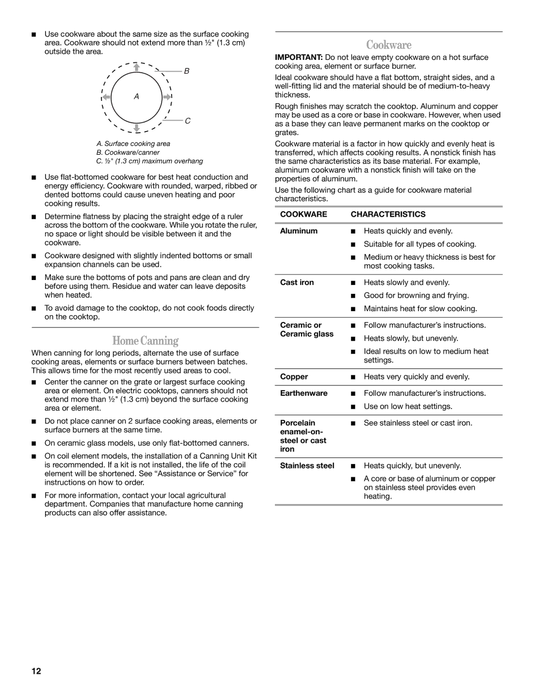 Whirlpool W5CE3024XS manual HomeCanning, Cookware Characteristics 