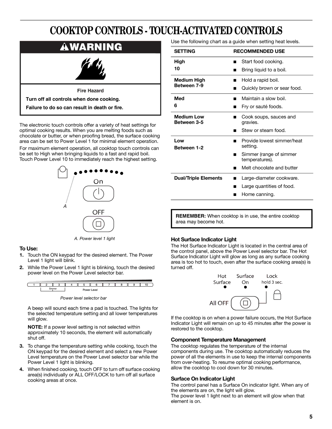 Whirlpool W5CE3024XS To Use, Hot Surface Indicator Light, Component Temperature Management, Surface On Indicator Light 