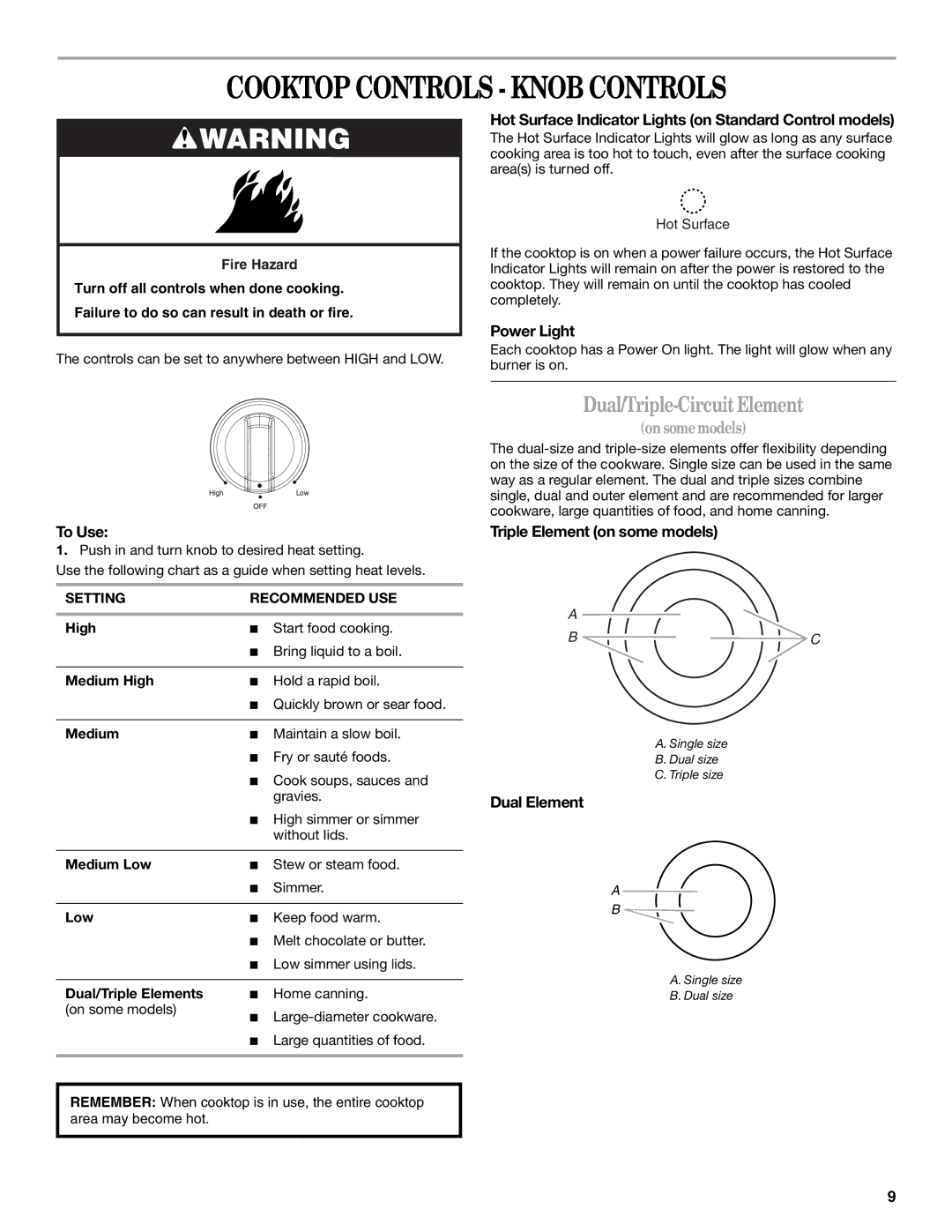 Whirlpool W5CE3024XS manual Cooktop Controls Knob Controls, Dual/Triple-CircuitElement, Power Light, Medium 