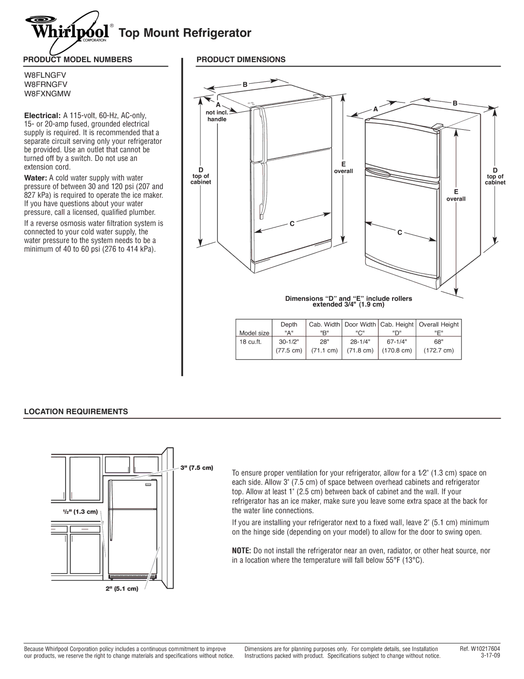 Whirlpool dimensions Top Mount Refrigerator, Product Model Numbers, W8FLNGFV W8FRNGFV W8FXNGMW, Product Dimensions 