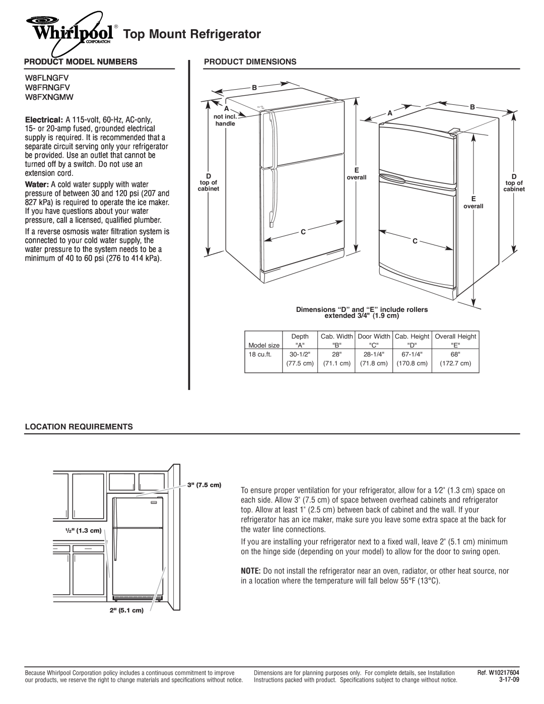 Whirlpool dimensions Top Mount Refrigerator, Product Model Numbers, W8FLNGFV W8FRNGFV W8FXNGMW, Product Dimensions 