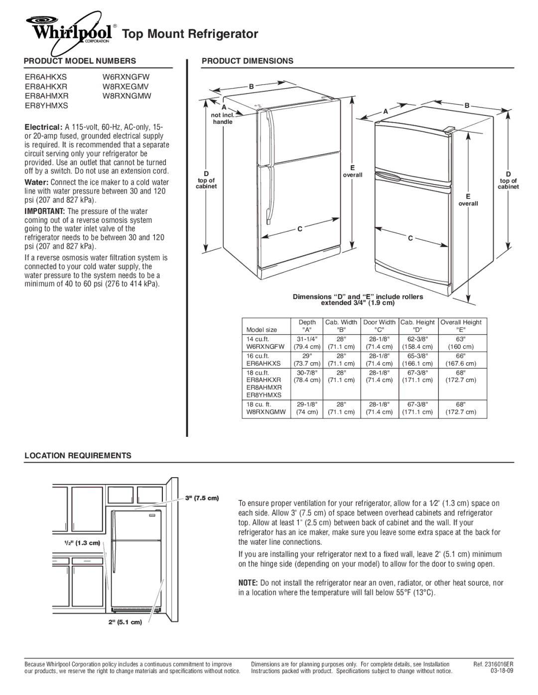 Whirlpool W8RXEGMV dimensions Top Mount Refrigerator, Product Model Numbers, Product Dimensions, Location Requirements 