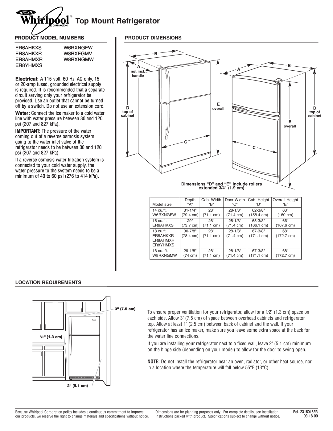 Whirlpool W8RXEGMV dimensions Top Mount Refrigerator, Product Model Numbers, Product Dimensions, Location Requirements 