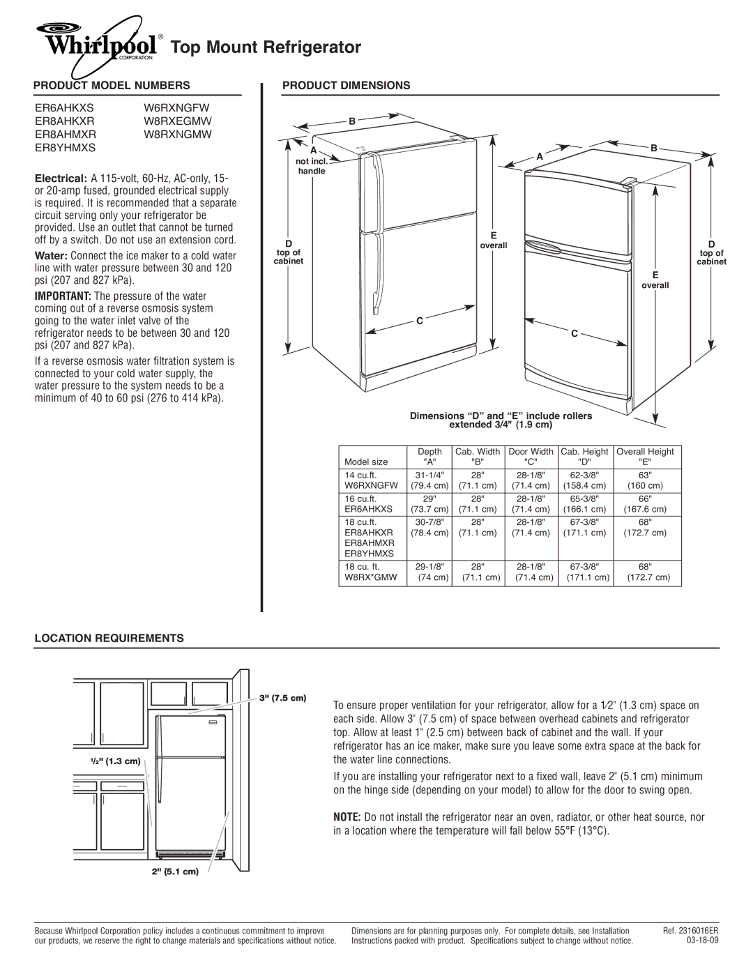 Whirlpool W8RXEGMW dimensions Top Mount Refrigerator, Product Model Numbers, Product Dimensions, Location Requirements 