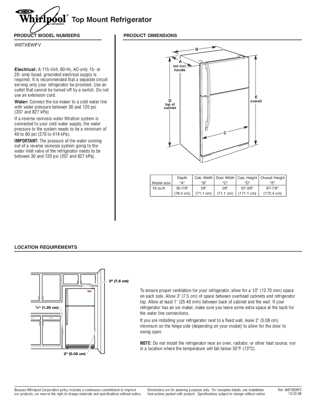 Whirlpool W8TXEWFV dimensions Top Mount Refrigerator, Product Model Numbers, Product Dimensions, Location Requirements 