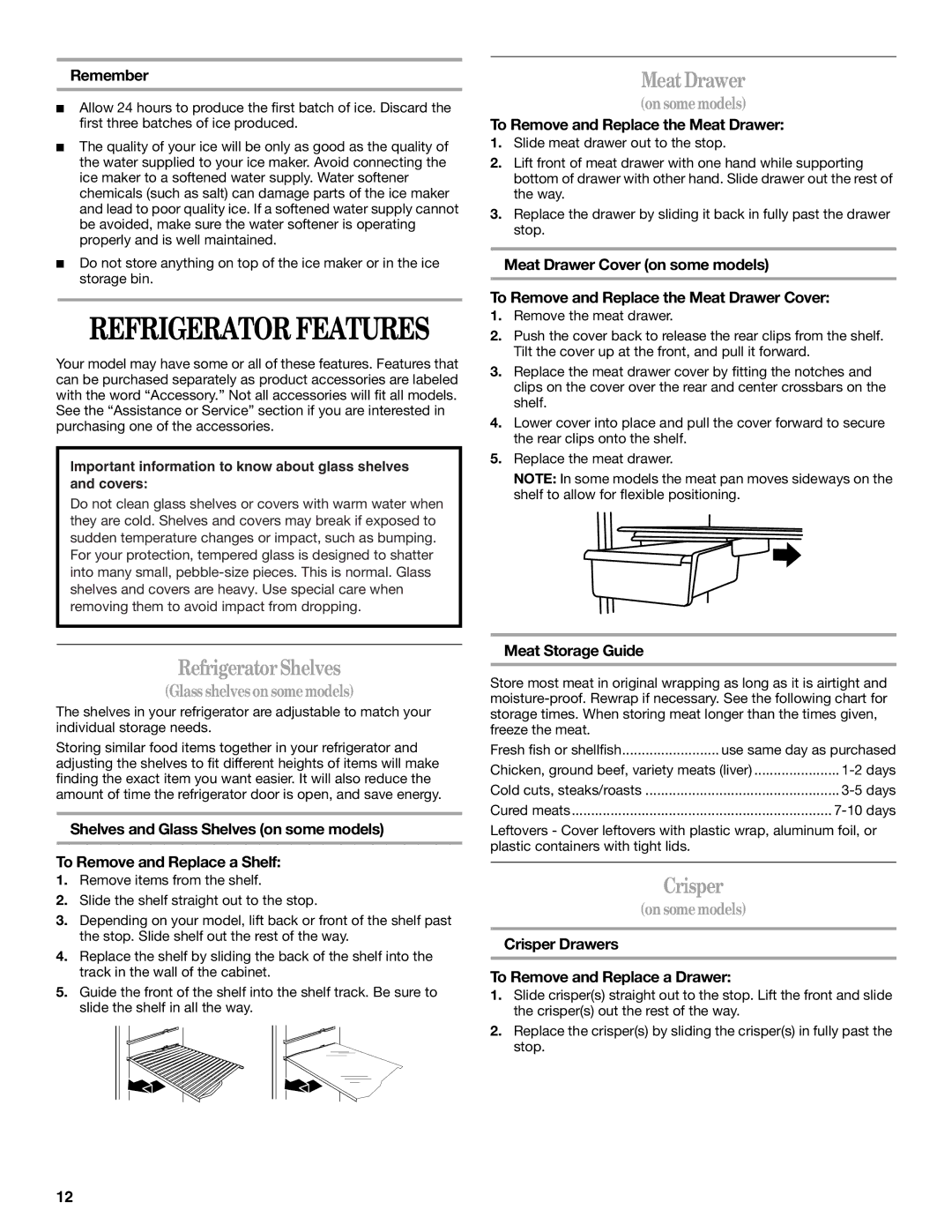 Whirlpool W5TXEWFWQ, W8TXNWMWB, W8TXEGFYB, W8TXNGFWT manual MeatDrawer, RefrigeratorShelves, Crisper, Glassshelvesonsomemodels 