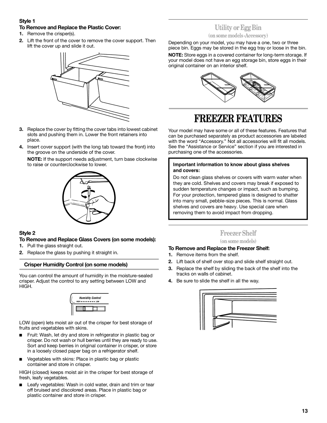 Whirlpool W4TXNWFWQ, W8TXNWMWB, W8TXEGFYB manual Freezer Features, Utility or EggBin, FreezerShelf, Onsomemodels-Accessory 