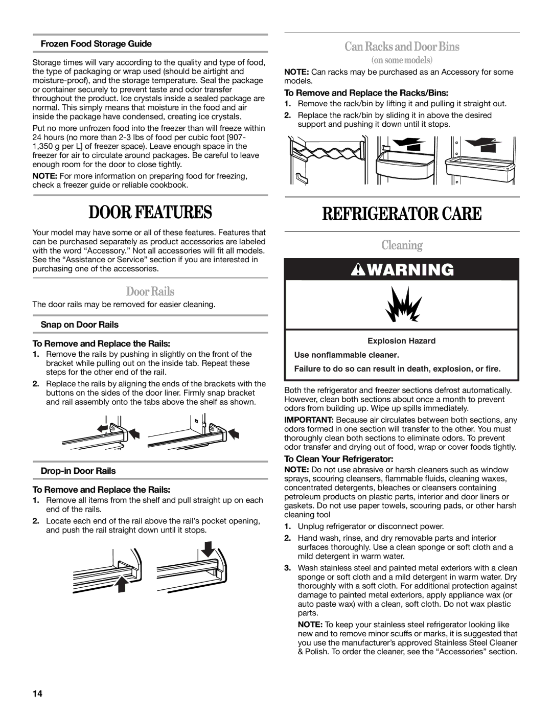 Whirlpool W4TXNWFWT, W8TXNWMWB, W8TXEGFYB manual Door Features, Refrigerator Care, Can Racks andDoorBins, DoorRails, Cleaning 