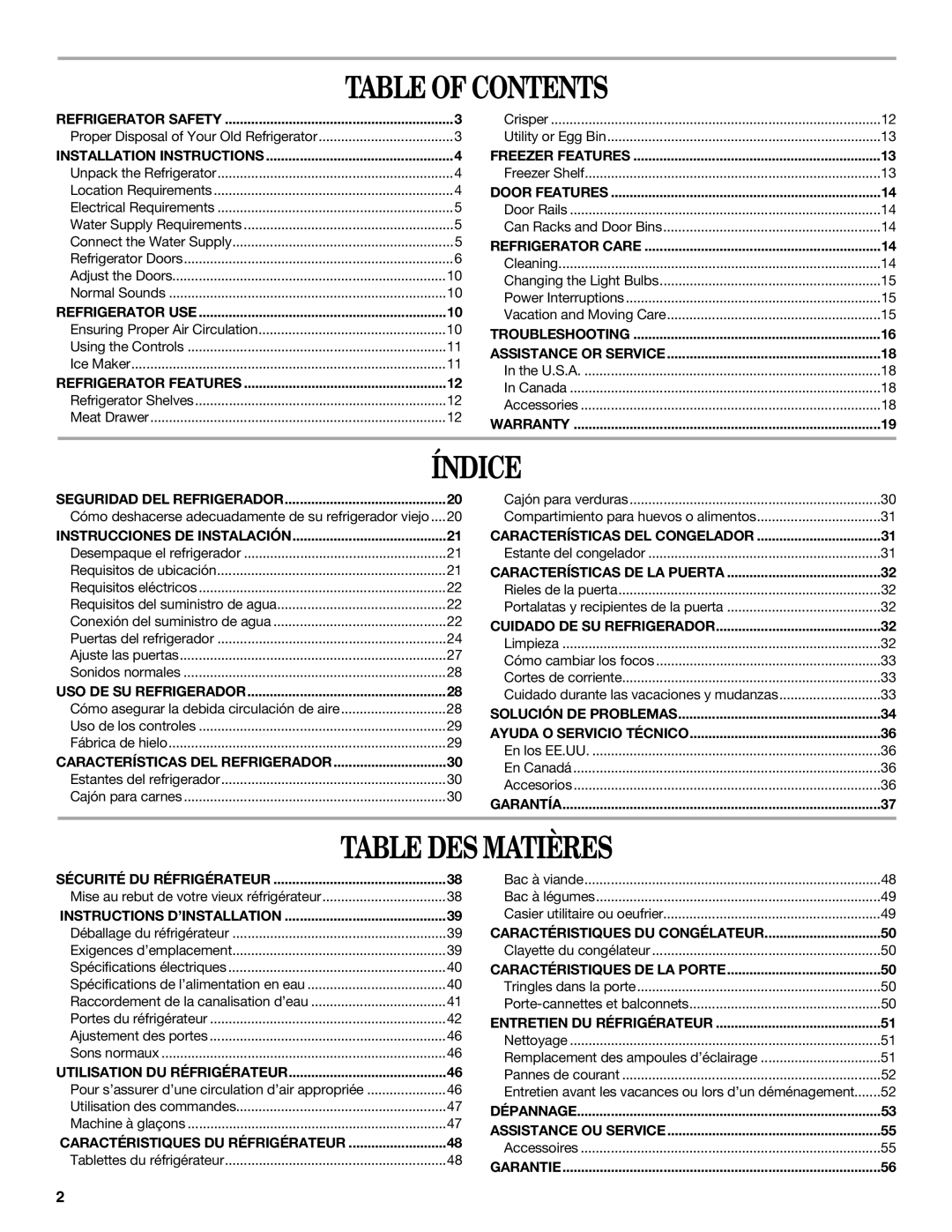 Whirlpool W8TXNGFWT, W8TXNWMWB, W8TXEGFYB, W8TXNGMWQ, W8TXNWFWT, W8TXNGFWQ manual Table of Contents, Índice, Table DES Matières 