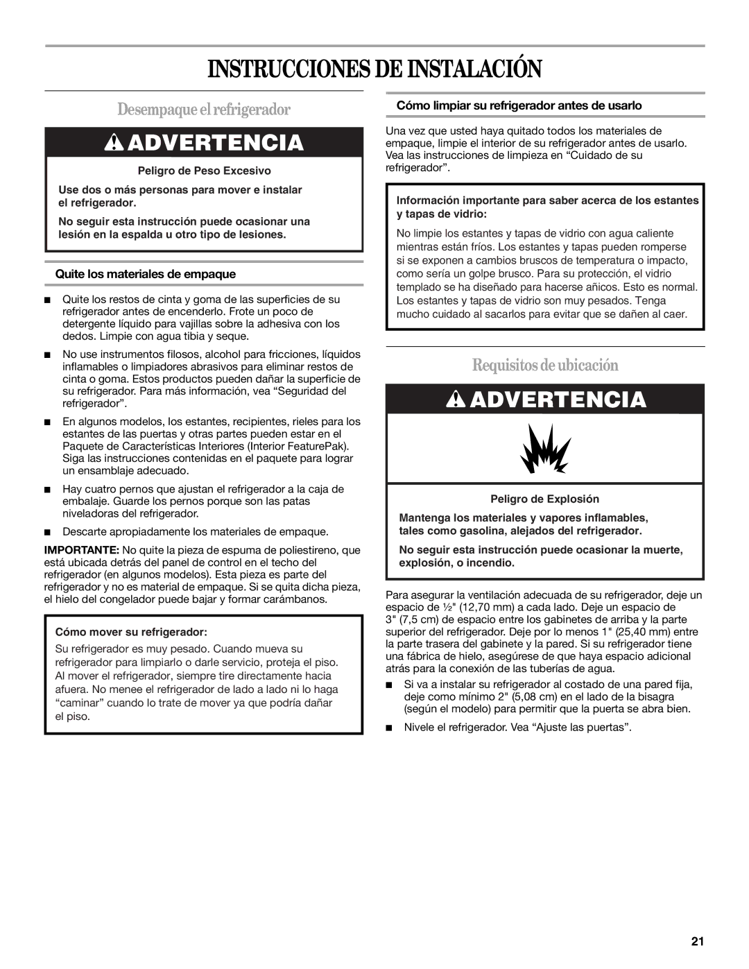 Whirlpool W8TXNWFWT, W8TXNWMWB, W8TXEGFYB Instrucciones DE Instalación, Desempaqueelrefrigerador, Requisitos deubicación 