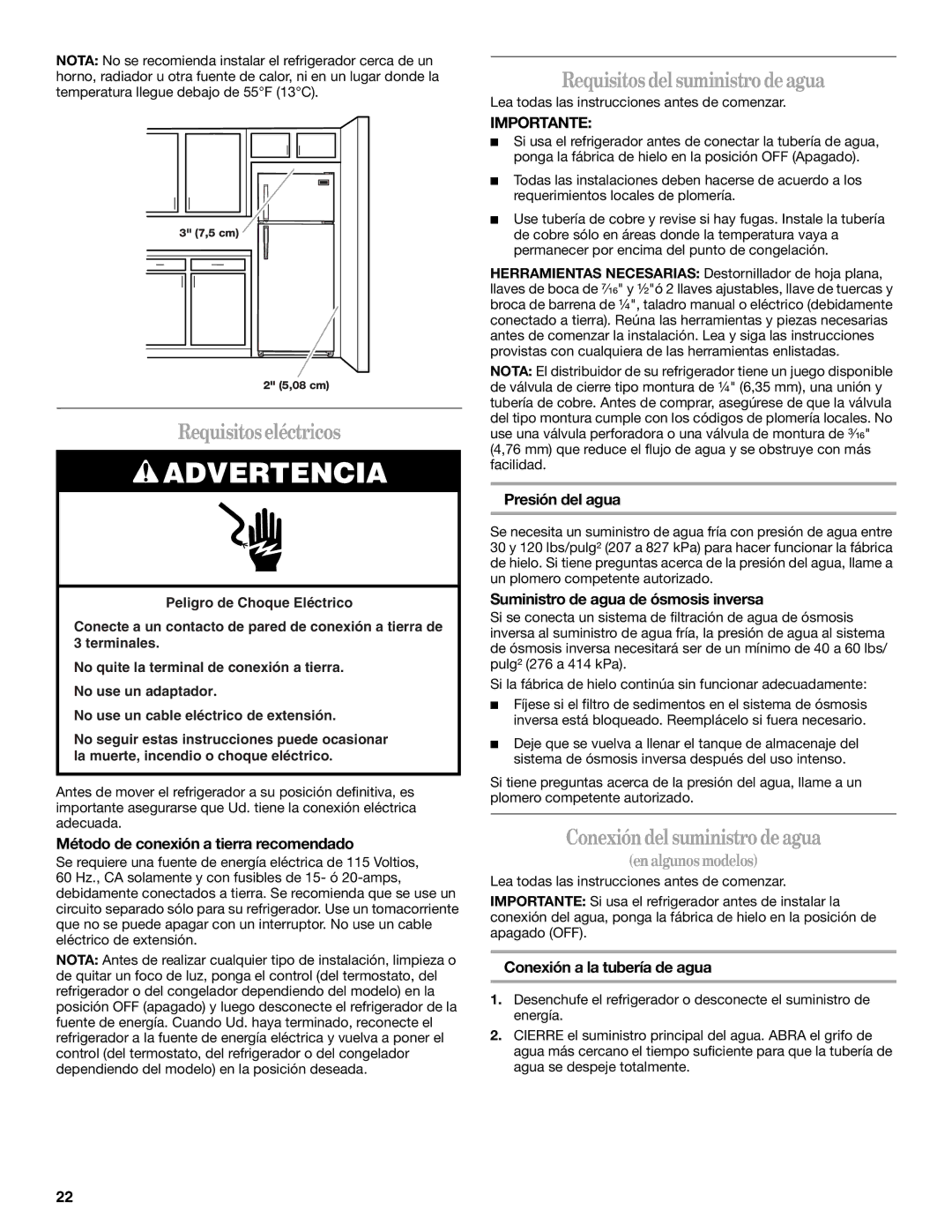 Whirlpool W8TXNGFWQ Requisitoseléctricos, Requisitosdelsuministrodeagua, Conexión del suministrodeagua, Enalgunosmodelos 