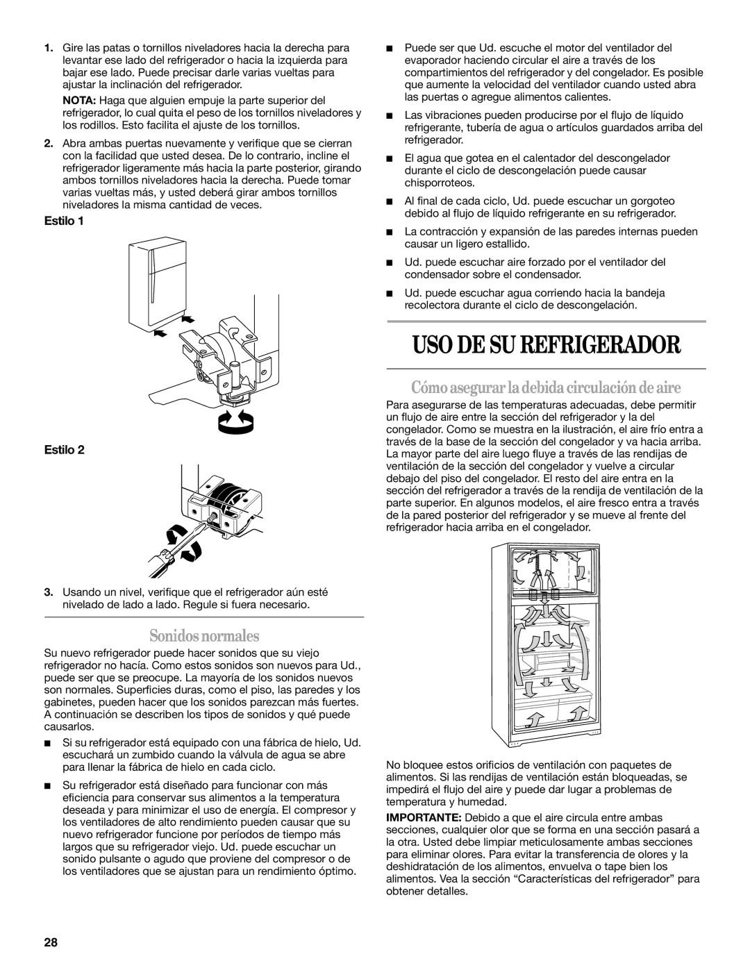 Whirlpool W6TXNWFWT, W8TXNWMWB, W8TXEGFYB, W8TXNGFWT, W8TXNGMWQ manual Sonidos normales, Cómoasegurarladebidacirculación deaire 