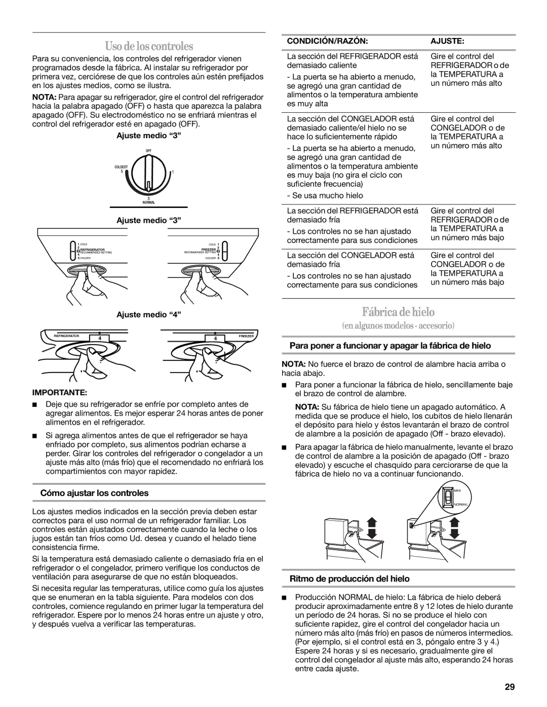 Whirlpool W5TXEWFWQ, W8TXNWMWB, W8TXEGFYB, W8TXNGFWT manual Uso delos controles, Fábricadehielo, Enalgunosmodelos- accesorio 