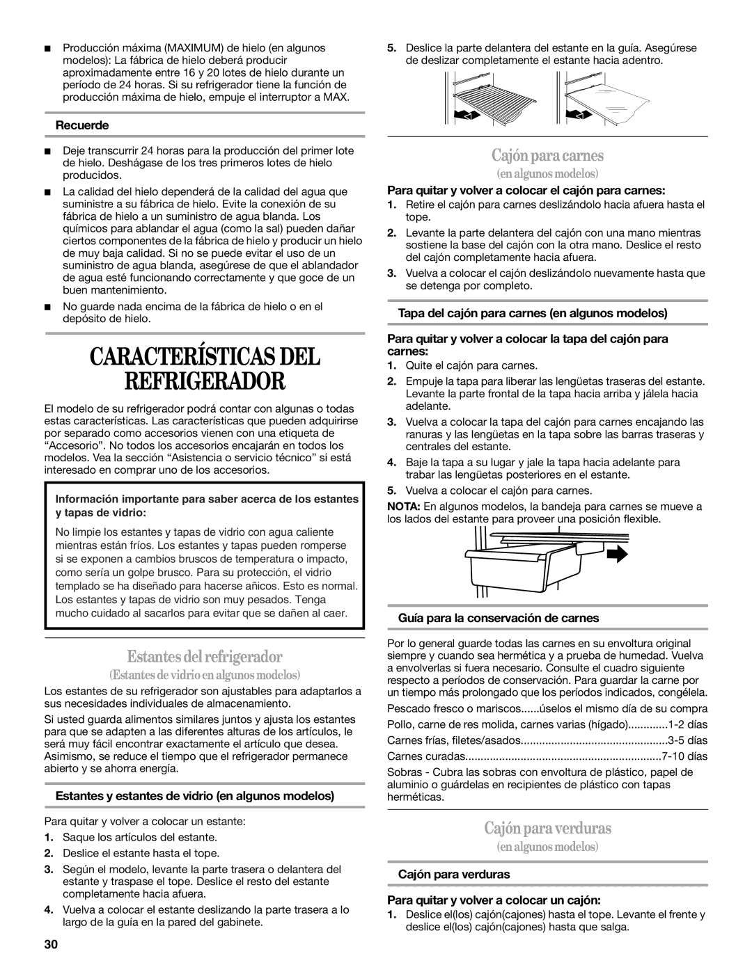 Whirlpool W4TXNWFWQ, W8TXNWMWB, W8TXEGFYB manual Refrigerador, Estantes delrefrigerador, Cajónparacarnes, Cajónparaverduras 