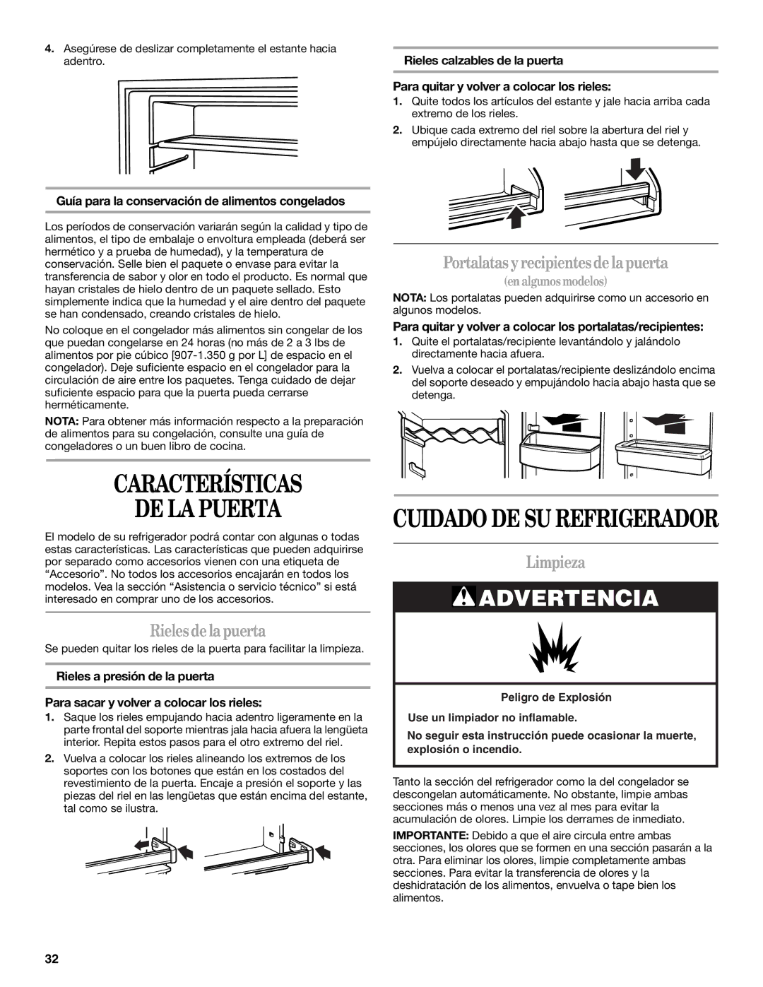 Whirlpool W6RXNGFWQ, W8TXNWMWB Características DE LA Puerta, Rielesdelapuerta, Portalatasyrecipientesdelapuerta, Limpieza 