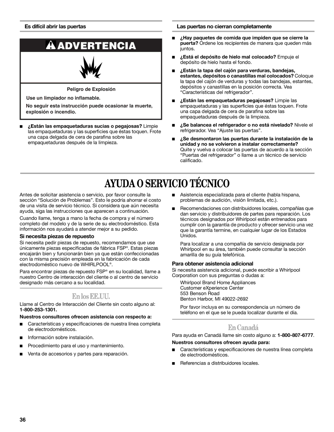 Whirlpool W8TXNGFWT, W8TXNWMWB, W8TXEGFYB, W8TXNGMWQ, W8TXNWFWT, W8TXNGFWQ Ayuda O Servicio Técnico, EnlosEE.UU, En Canadá 