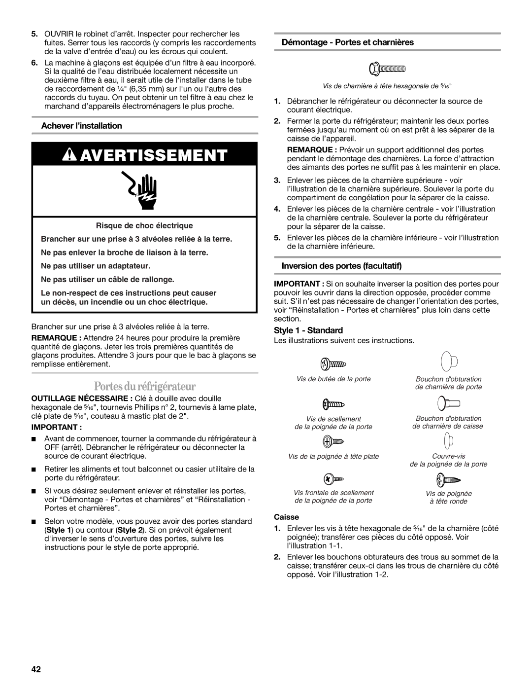 Whirlpool W8RXEGMWS, W8TXNWMWB Portes du réfrigérateur, Achever l’installation, Démontage Portes et charnières, Caisse 