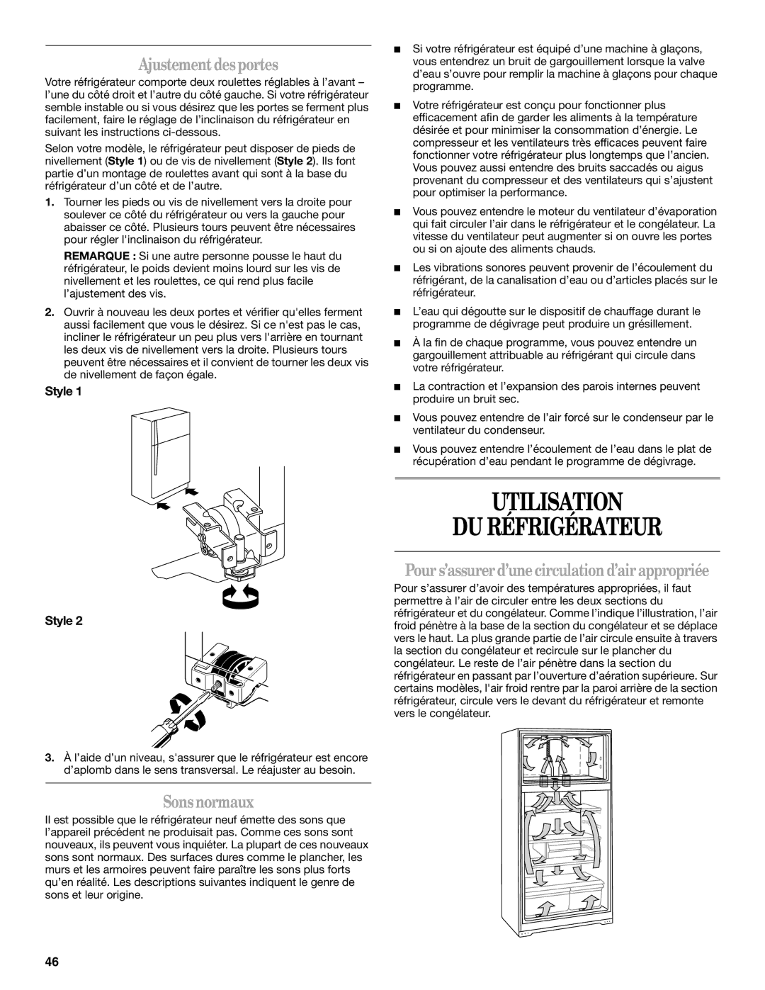 Whirlpool W5TXEWFWQ, W8TXNWMWB, W8TXEGFYB, W8TXNGFWT manual Utilisation DU Réfrigérateur, Ajustementdesportes, Sonsnormaux 