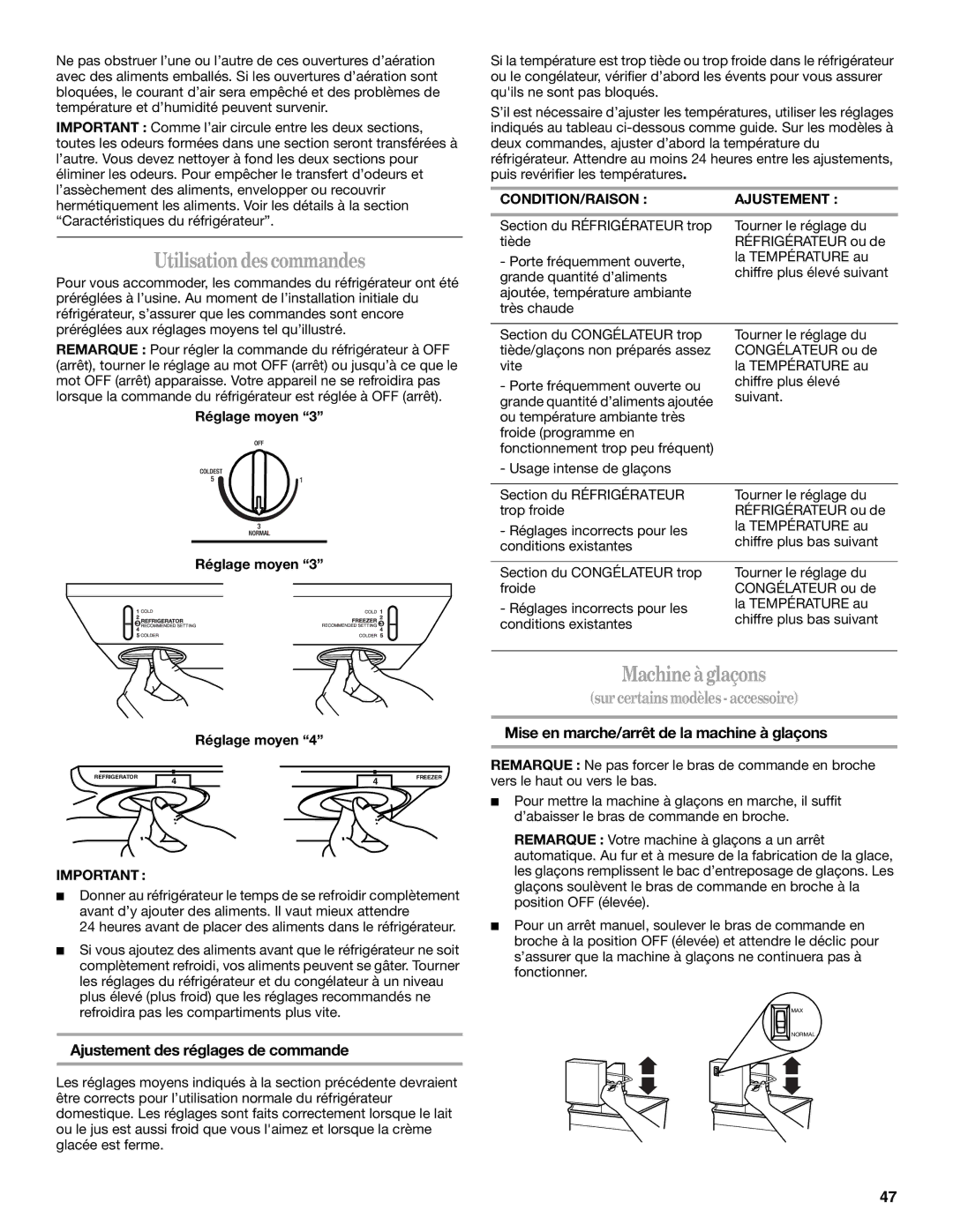 Whirlpool W4TXNWFWQ, W8TXNWMWB, W8TXEGFYB manual Utilisation des commandes, Machineàglaçons, Sur certainsmodèles- accessoire 