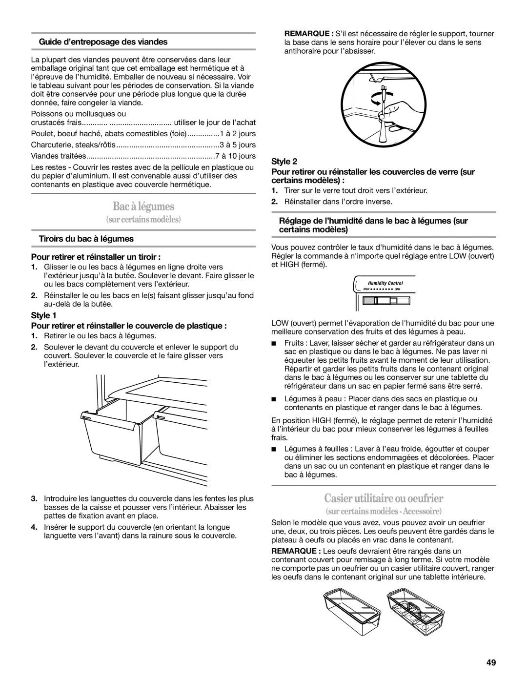 Whirlpool W6RXNGFWQ, W8TXNWMWB, W8TXEGFYB manual Bacàlégumes, Casierutilitaireou oeufrier, Sur certains modèles- Accessoire 