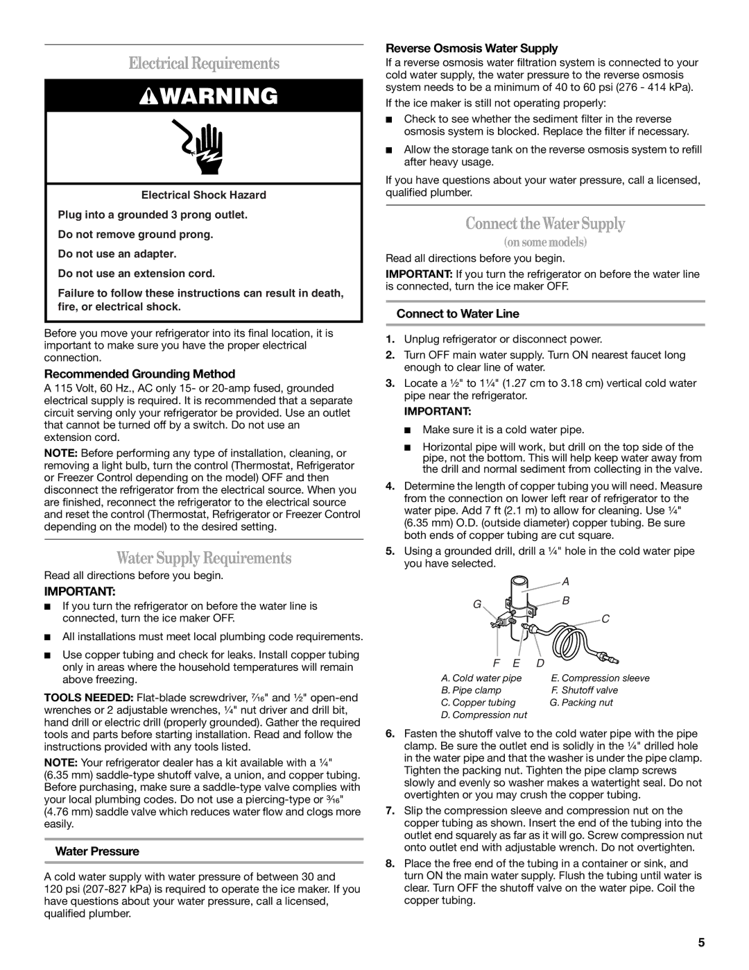 Whirlpool W8TXNGFWQ, W8TXNWMWB Electrical Requirements, Water Supply Requirements, ConnecttheWaterSupply, Onsomemodels 