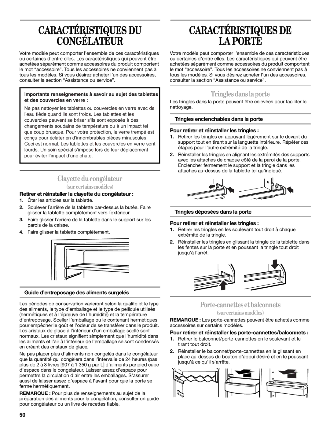 Whirlpool W5TXEWFWB, W8TXNWMWB manual Congélateur, Caractéristiques DE LA Porte, Clayetteducongélateur, Tringles danslaporte 