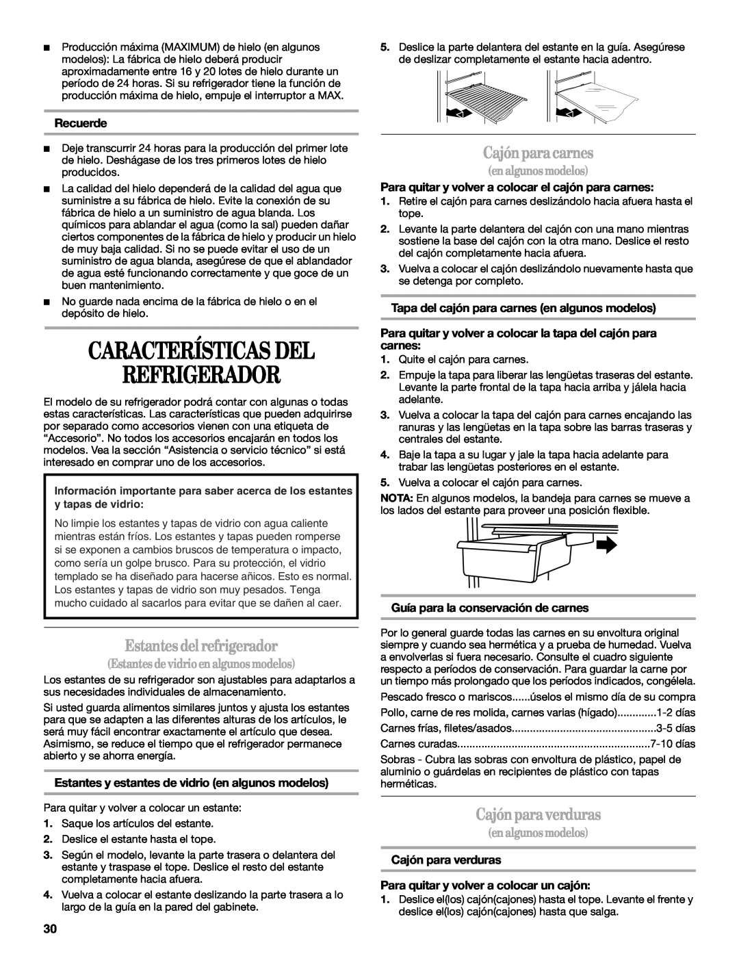 Whirlpool W4TXNWFWQ manual Refrigerador, Características Del, Estantes delrefrigerador, Cajónparacarnes, Cajónparaverduras 