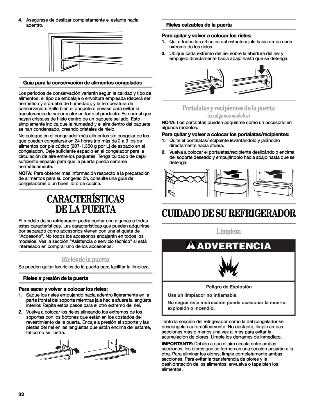 Whirlpool W6RXNGFWQ Características De La Puerta, Cuidado De Su Refrigerador, Rielesdelapuerta, Limpieza, Advertencia 