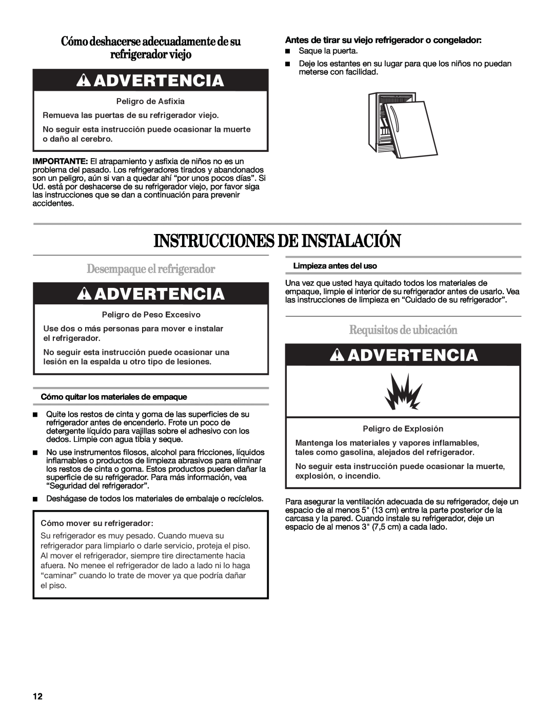 Whirlpool WAR349BSL manual Instrucciones De Instalación, Advertencia, Cómodeshacerseadecuadamentedesu refrigeradorviejo 